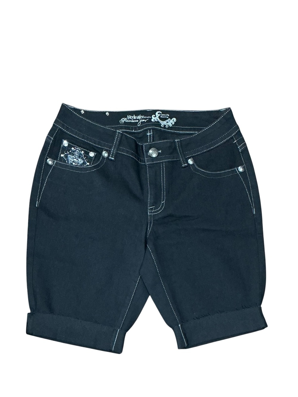 Style & Co. Black Cuffed Denim Bermudas with Embellished Coin Pocket